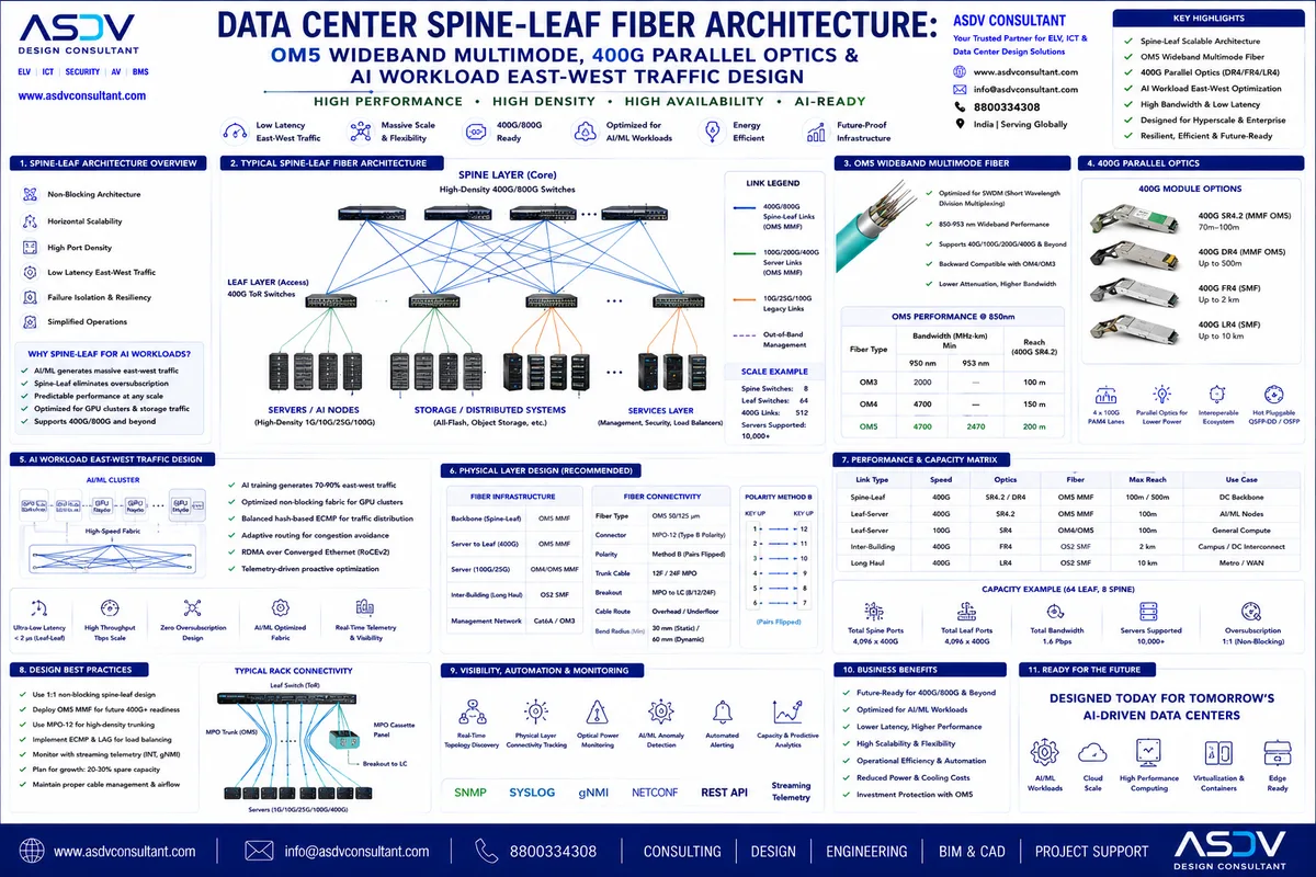 Data Center Spine-Leaf Fiber Architecture: OM5 Wideband, 400G & AI Workload East-West Traffic