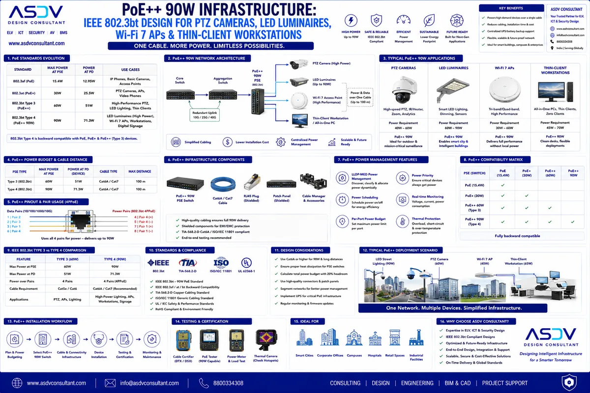 PoE++ 90W Infrastructure: IEEE 802.3bt Design for PTZ Cameras, LED & Wireless APs